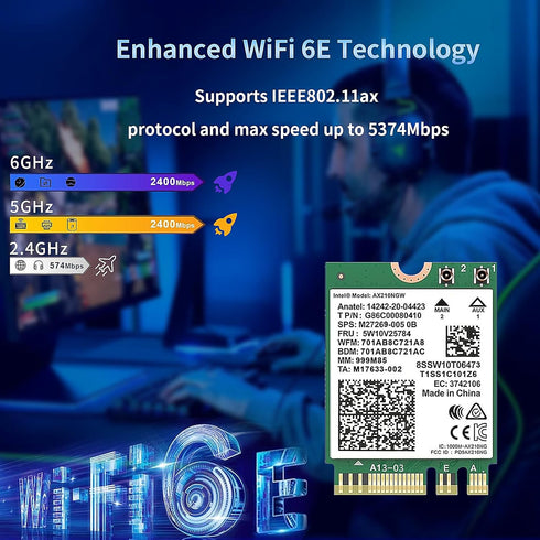 AX210NGW WiFi Card,WiFi 6E M.2 laptop Wireless Card,Bluetooth 5.3 5400Mbps Tri-Band Wireless Module Internal Network Adapter for Laptop,Ultra-Low ...