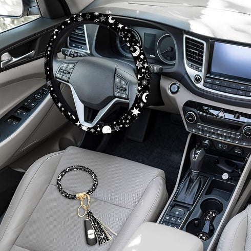 4 Pieces Black Moons White Stars Print Car Accessories Set Black Moons White Stars Steering Wheel Cover with 2 Pieces Car Cup Mats and Leather Key...