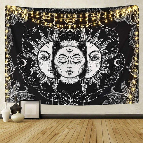 ARFBEAR Sun and Moon Tapestry, Burning Sun with Stars Psychedelic Popular Mystic Wall Hanging Tapestry Black and White Beach Blanket (Large-79 x 5...