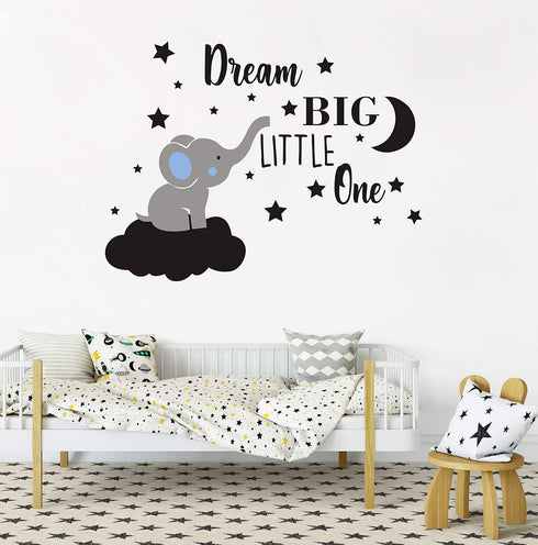 Dream Big Little One Elephant Wall Decal, Quote Wall Stickers, Baby Room Wall Decor, Vinyl Wall Decals for Children Baby Kids Boy Girl Bedroom Nur...