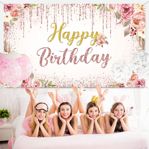 Happy Birthday Backdrop Decorations for Women Background Party Supplies Rose Backdrop Photography for Girls Boys Floral Glitters Banner Wedding Ba...
