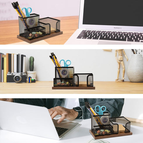Antique Wood & Mesh Pen Holder Office Supplies Caddy, Storage Baskets for Desktop Accessorieswith Sticky Notes Holder,3 Compartments(2 Pack Black)...