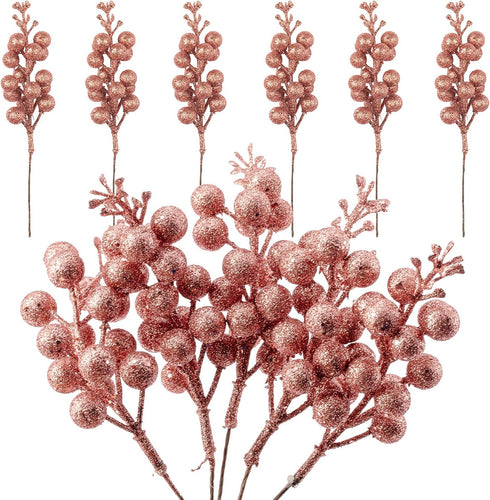 Crafare 24 Pack Rose Gold Christmas Glitter Berries Stems Artificial Christmas Picks for Christmas Tree Ornaments Wreath, Crafts, Holiday and Home...