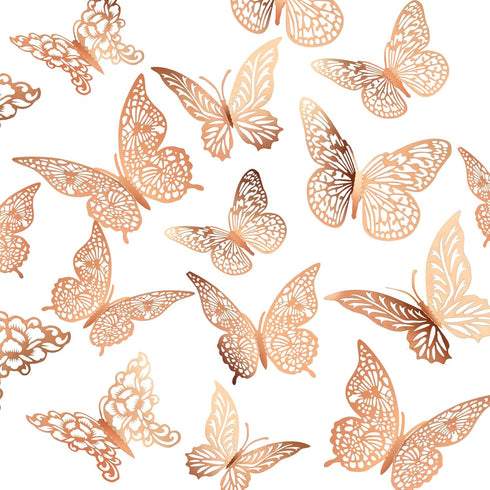 3D Gold Butterfly Wall Decor 3 Sizes 4 Styles Butterfly Party Decorations Cake Decorations Removable Stickers Wall Decor Room Mural Metallic Kids ...