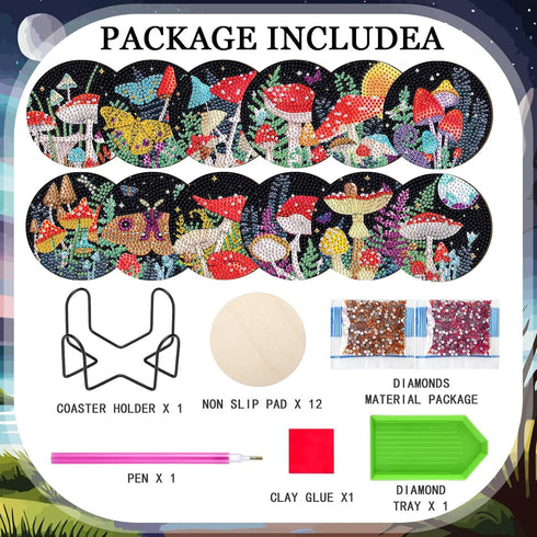 Singhoow 12 Pcs Mushroom Diamond Painting Coaster Kits with Holder DIY Mushroom Diamond Art Coaster Non Slip Diamond Coaster Kits for Adults Craft...