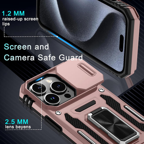 DEERLAMN for iPhone 15 Pro Max Case with Slide Camera Cover+Screen Protector(1 Pack), Rotated Ring Kickstand Military Grade Shockproof Protective ...