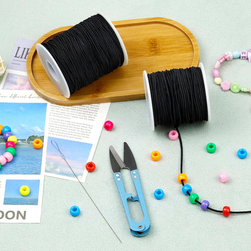 FIVEIZERO 2 Rolls Black Elastic Bracelet String Total 330 Feet,1mm,1.2mm,1.5mm Elastic Beading Cord Stretchy String with Scissors and Beading Need...