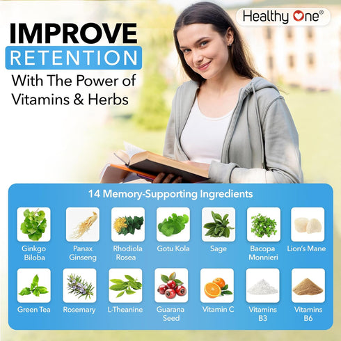 Healthy Mind - Safe for Teens - Brain Fog - Cognitive Function - Concentration - Focus - Neural Optimization - Mood - Ginkgo Biloba - Ginseng - Rh...