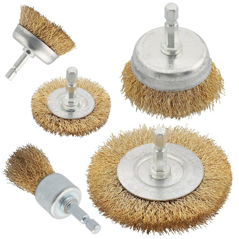 5 Pcs Wire Brush Wheel for Drill, Brass Wire Brush for Drill, 1/4 Inch Hex Shank, Wire Brush Drill Bit, Wire C up Brush for Rust Removal, Wire Bru...