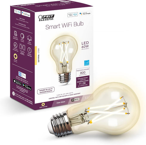 Feit Electric A1960CL/927CA/FIL/AG 60 Watt Equivalent WiFi Dimmable, No Hub Required, Alexa or Google Assistant, Filament A19 LED Smart Light Bulb...