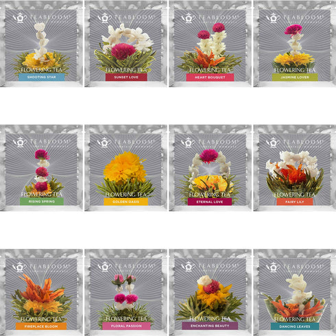 Teabloom Flowering Tea - 12 Unique Varieties of Blooming Tea Flowers - Hand-Tied Green Tea Leaves & Edible Flowers - 12-Pack Gift Canister...