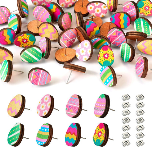 Beadthoven 24 Pairs Easter Egg Wooden Stud Earring Set Natural Wooden Earring Posts with Earrings Backs Colorful Printed Small Stud Earrings Pins ...