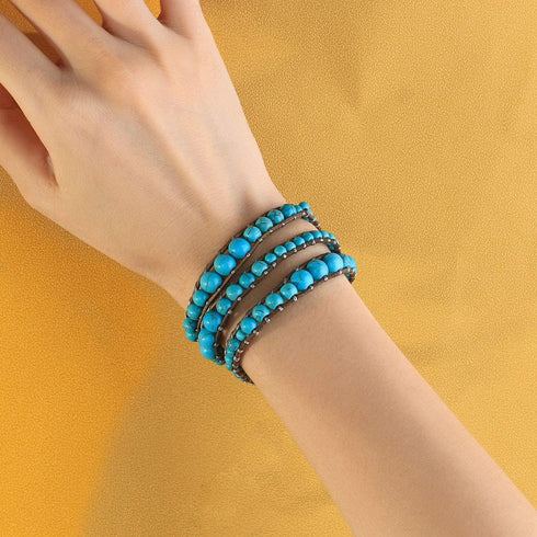 KELITCH Turquoise Mother of Pearl Silver Mix Beaded 3 Wrap Bracelet Handmade New Cuff Jewelry...