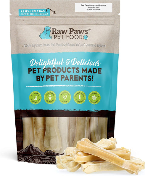 Raw Paws Compressed Rawhide Bones for Dogs, 4-inch, 10-ct - Packed in USA - Raw Hides Small Dogs - Rawhide Dog Bones - Digestible Rawhide for Dogs...