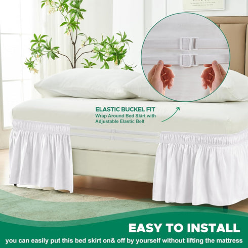 Biscaynebay Wrap Around Bed Skirts for King & Cal King Beds with Short Drop of 12", White Adjustable Elastic Dust Ruffles Easy Fit Wrinkle Resista...