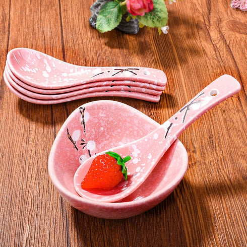 Japanese Soup Spoons Set of 5, Pink Ceramic Spoon for Soup, Ramen, Pho, Gravy, Cake, Oatmeal, Chaos, Dumplings,Salad...