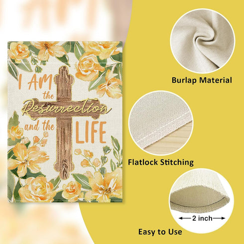 Spring Summer I Am The Resurrection and The Life Decorative Garden Flag, Easter Religious Cross Yellow Flower Yard Outside Decorations, Christian ...