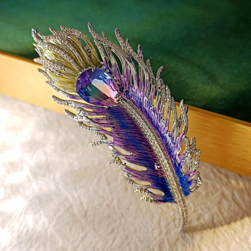 Gorgeous Gold Tone Blue Purple Enamel Peacock Feather Brooch Pin with AB Tear Stone...