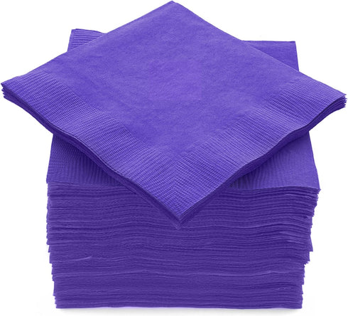 100 Pack Purple Beverage Napkins, Big Party Pack, 2 Ply, Ideal for Wedding, Party, Birthday, Dinner, Lunch, Cocktails. (5” x 5”) by Amcrate...