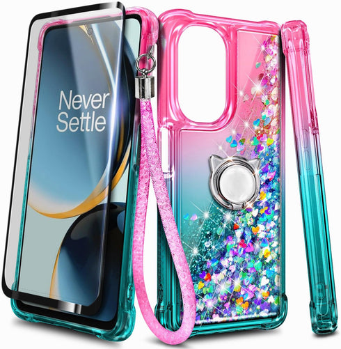 NZND Compatible with OnePlus Nord N30 5G Case, Nord CE 3 Lite 5G with Tempered Glass Screen Protector, Ring Holder/Wrist Strap, Glitter Liquid Flo...
