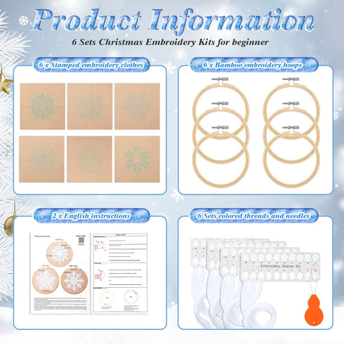 6 Sets Winter Embroidery Kit for Beginners Snowflakes Christmas Cross Kits DIY Needlepoint Kit with Patterns, Instructions, Embroidery Hoops, Thre...