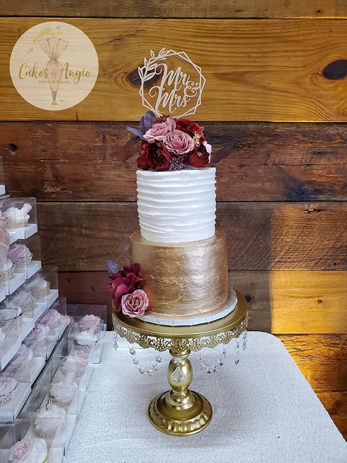 Mr and Mrs Wedding Cake Toppers Bride Groom Cake topper for Wedding Wooden Wreath Rustic Hexagon Funny Decoration Mr&Mrs Sign Gold Silver Brown (U...