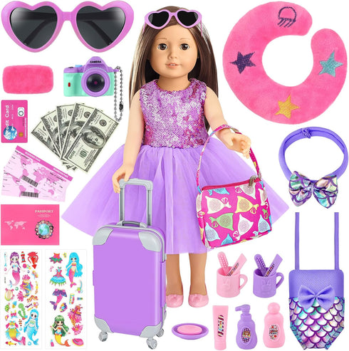 30 PCS 18 Inch Girl Doll Accessories Suitcase Travel Play Set - Camera, Suitcase Stickers, Toiletries, Pillow, Blindfold, Sunglasses, Passport, Ti...