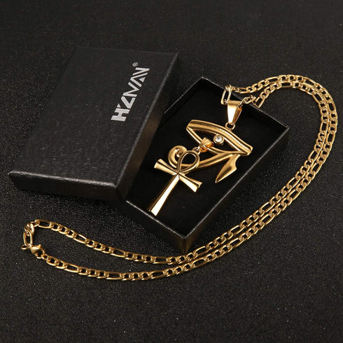 HZMAN Gold Stainless Steel Eye of Horus Egypt And Coptic Ankh Cross Religious Pendant Necklace 24" Figaro Chain...