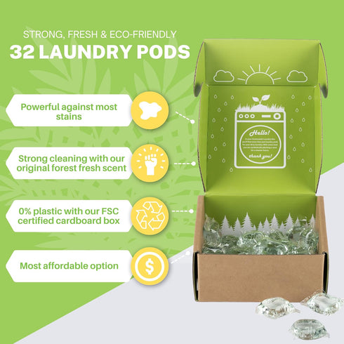 Eco Friendly Laundry Detergent Pods, 32 Pods, Powerful Stain And Odor Removal, Skin Friendly, Rainforest Fresh Scent, Biodegradable and Sustainabl...