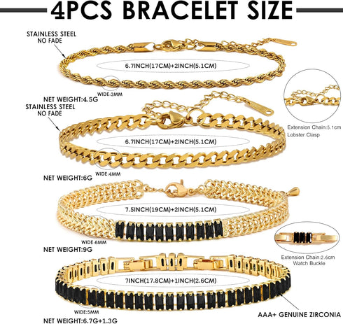 4PCS Colorful Gold Bracelets for Women, 5mm Square Cubic Zirconia Tennis Bracelet, 14K Gold Plated CZ Tennis Bracelets Pack for Women Adjustable J...