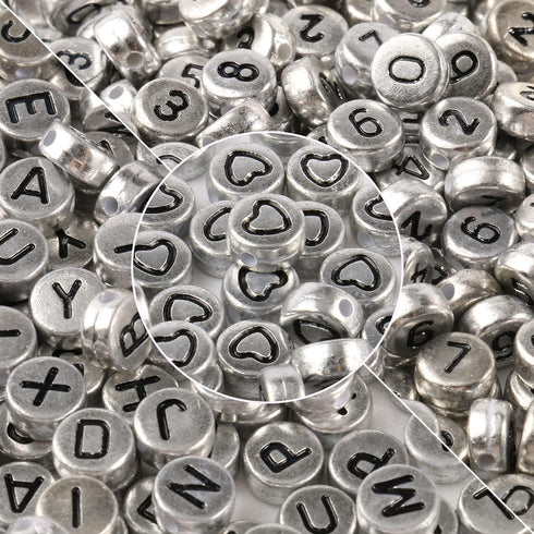 Yochus 1000pcs Silver Mixed Round Acrylic Beads 4x7mm Black Alphabet Number Heart Shape Bead for Jewelry Making and DIY Bracelets...