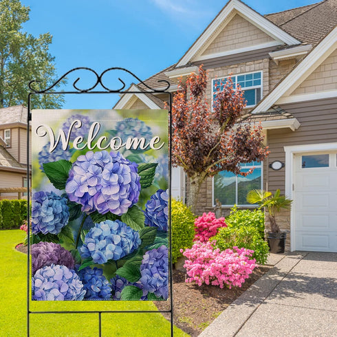 Welcome Spring Floral Flowers House Flag Double Sided, Hydrangea Decorative Garden Yard Outdoor Large Decor, Summer Farmhouse Burlap Home Outside ...