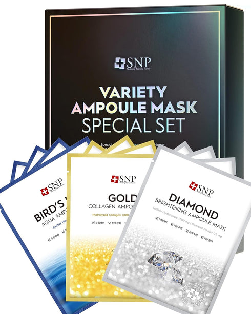 SNP 12 Pcs Variety Ampoule Mask Set - Bird's Nest, Gold Mask with Collagen, Diamond Best Gift korean facial skincare set hydrating brightening sen...