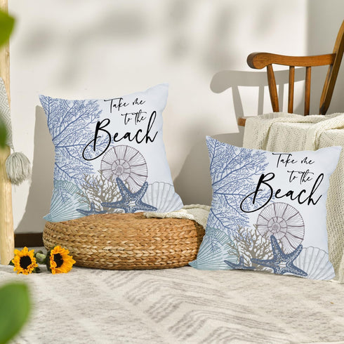 2 Pack Waterproof Take Me to The Beach Summer Pillow Covers 18x18 Inch Blue Ocean Sea Shell Coral Conch Starfish Throw Pillow Covers Outdoor Coast...