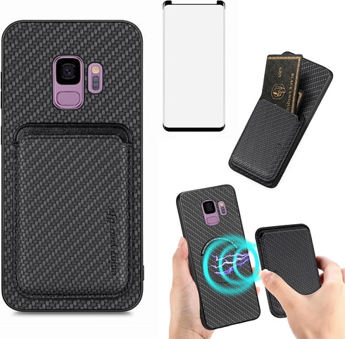 Asuwish Phone Case for Samsung Galaxy S9 Wallet Cover with Tempered Glass Screen Protector Slim and Credit Card Holder Cell Accessories S 9 Edge 9...