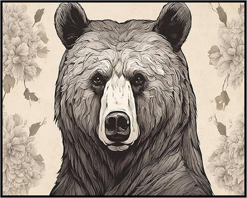 Posterizer 1 pcs- Black and white print of a bear with flowers-Art for Animal Lovers-Floral Botanical Art- Gift for Men Women Teens-Decor for Hom...