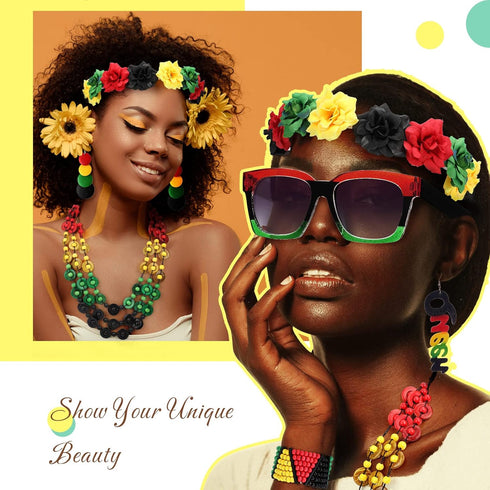 7 Pieces Jamaica African Jewelry for Women, Rasta African Beads Earrings Afro Beaded Bracelet Queen Wooden Earrings Bohemian Coconut Shell Necklac...