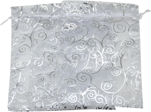 100pcs 4x6 Inch Flower Vine Design Organza Bags, Drawstring Mesh Pouch Packaging for Wedding Favor Party Jewelry Candy Gift Bag (White Silver)...