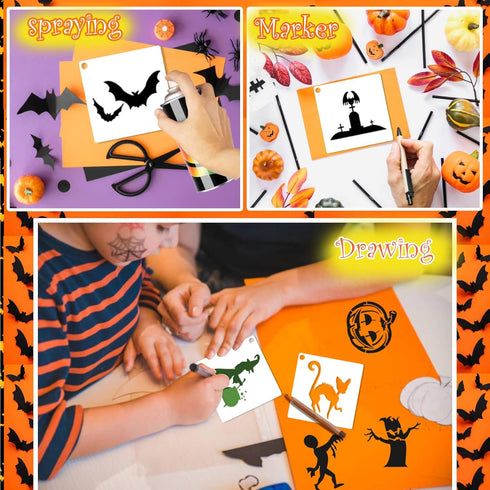60 Pieces Small Halloween Stencils, 3x3in Reusable Happy Halloween Pumpkin Paint Stencil for Painting on Wood Ornaments Wood Slice DIY Crafts Fabr...