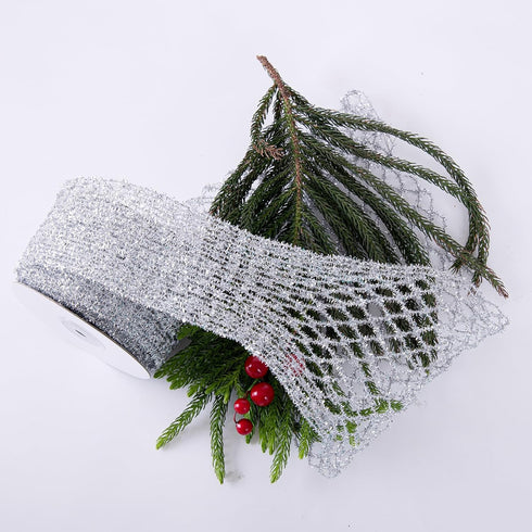 Silver Stretchable Glitter Diamond Mesh Ribbon Wired Ribbon Wide 2.5" to 7" for Christmas Tree,Wreaths Supplies,Home Decor, Gift Wrapping,DIY Craf...