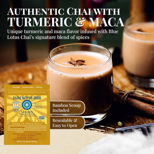 Blue Lotus Chai - Golden Masala Flavor Chai - Makes 17 Cups - 0.5 Ounce Masala Spiced Chai Powder with Organic Spices - Instant Indian Tea No Stee...