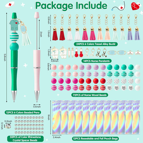 184pcs Nurse-Theme Beadable Ballpoint Pen Set, Set of 12pcs Plastic Beadable Pen, Nurses Uniform Stethoscope Wood Bead, Crystal Spacer Bead, Nurse...