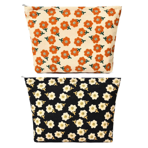 2 Pieces Orange Black Flower Makeup Bag Large Corduroy Cosmetic Bag Capacity Canvas Travel Toiletry Bag Organizer Cute Makeup Brushes Aesthetic Ac...