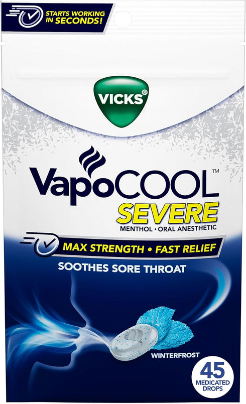 Vicks VapoCool Severe Medicated Sore Throat Drops, Max Strength Menthol, Soothes Sore Throat Pain, Winterfrost Flavor, 45ct...
