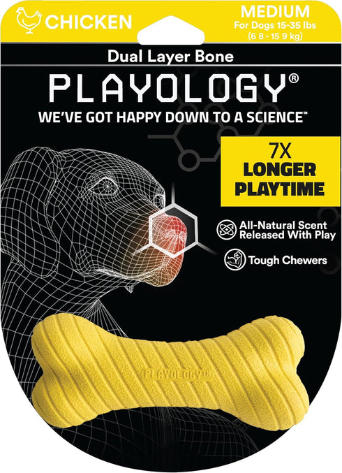 Playology Dual Layer Bone Toy for Medium Dogs (15-35lbs) - Engaging All-Natural Chicken Scented Durable Dog Chew Toy for Heavy Chewers - Easy to C...