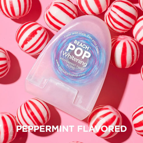 REACH POP Whitening Dental Floss, Peppermint, Baking Soda Infused, Vegan Wax, Plaque Remover, PFAS-Free, Shred Resistant, Cruelty Free, Eco Friend...