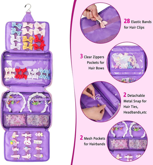 Hair Accessories Organizer, Shiny Bow Holder for Baby Girls, Travel Hair Storage Bag for Hair Clips, Headbands, Scrunchies and Hair Ties(Purple)...