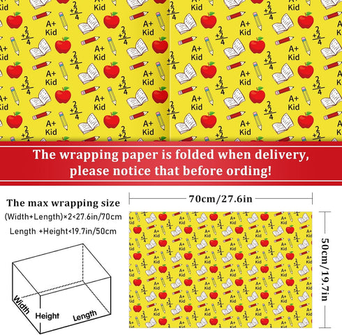 Whaline 12 Sheet Back to School Wrapping Paper Bulk Pencil Apple ABC Book Prints Gift Wrap Paper 19.7 x 27.6 Inch Folded Flat Art Paper for First ...