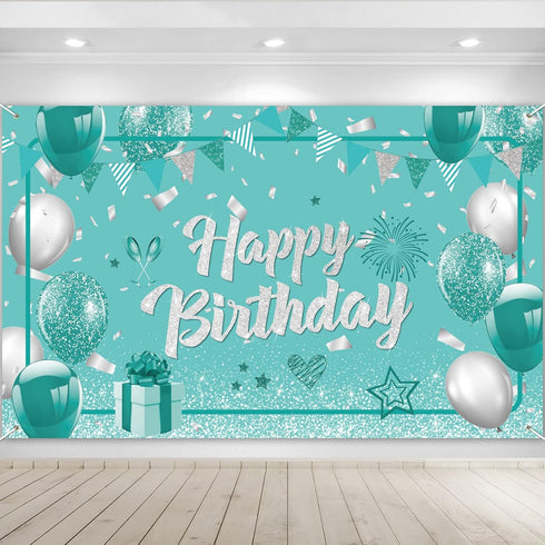 Teal and Silver Birthday Banner - Turquoise Green Party Decorations, Mint Blue Backdrop for Girls Boys Baby Shower, Glitter Party Supplies 71 x 44...
