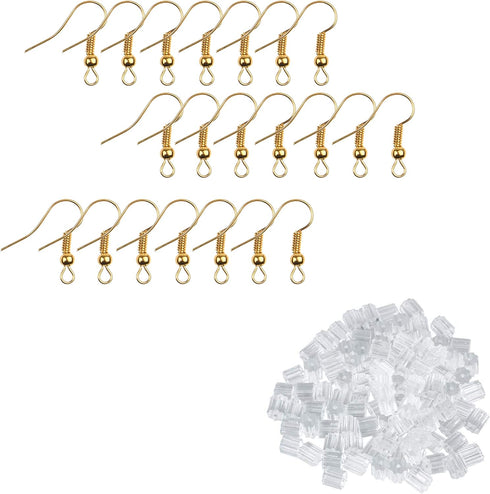 Gold Color Earring Hooks and Transparent Earring Backs - Nickel-Free Ear Wires (18mm) - Plastic Stopper Replacement Safety Back (2.5mm x 3mm) -for...
